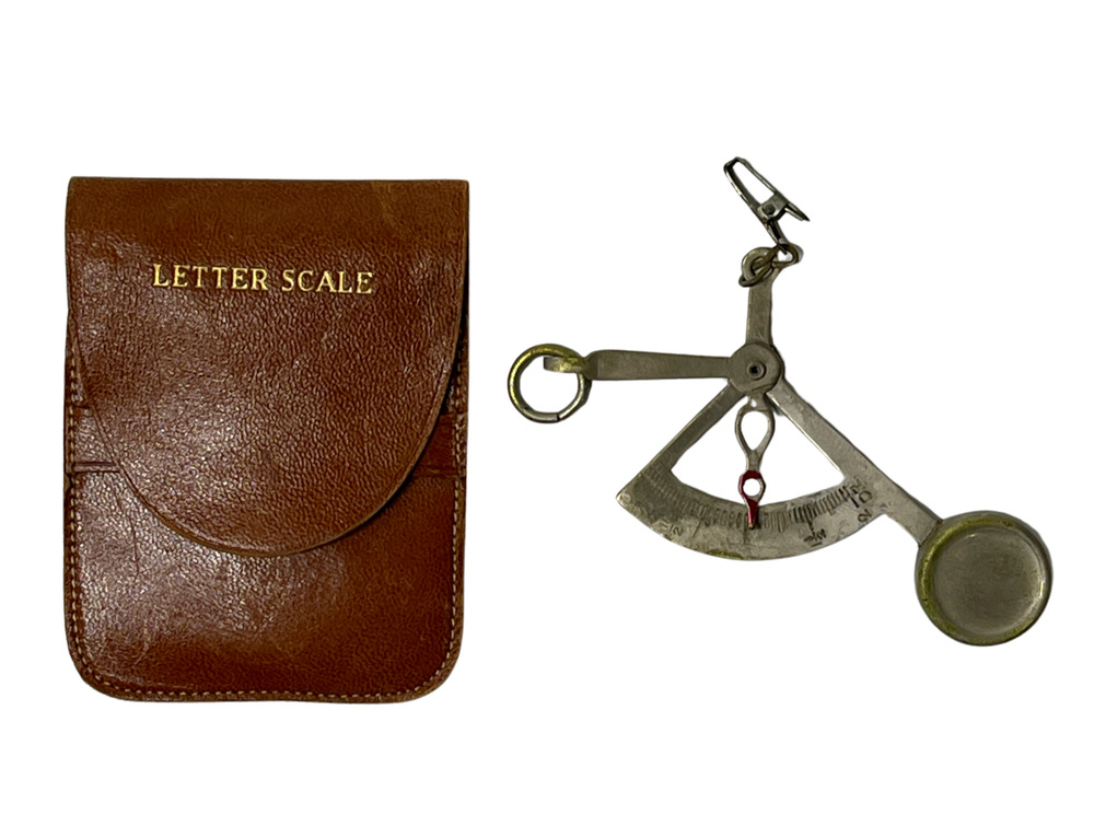Vintage 1950s 60s Postal Scale Handheld Hanging w/ Leather Case Brass Balance